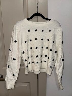 English Factory White Cable-Knit Crew Sweater with Black Star Appliqués